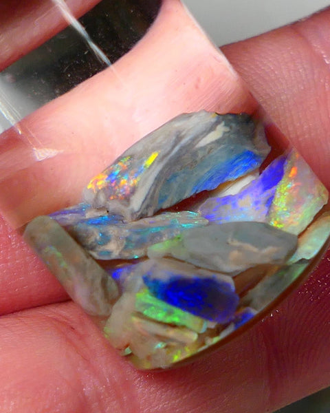 Lightning Ridge Rough Opal CANDY CHIPS 12.75cts mixed Base  gorgeous Multifires showing 10mm to chip size  Auction NS175