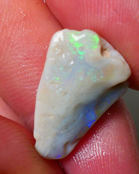 Nice sized Grey/Dark Opal Miners Bench® Seam Rough Rub 8.25cts Bright Yellow/Green/Blue Fires showing bar & through skin 21x14x7mm NS182