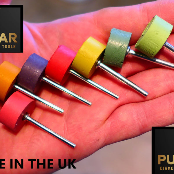 PULSAR DIAMOND® Mk2 Little Ripper™ Hub Drive Diamond Resin Wheels 7 Piece Sets 200Grit to 10,000 Grit IN STOCK READY TO SHIP 2.35mm or 3mm mandrels 20x10mm Soft-Touch Resin Lapidary Burr For Rotary Tools carving