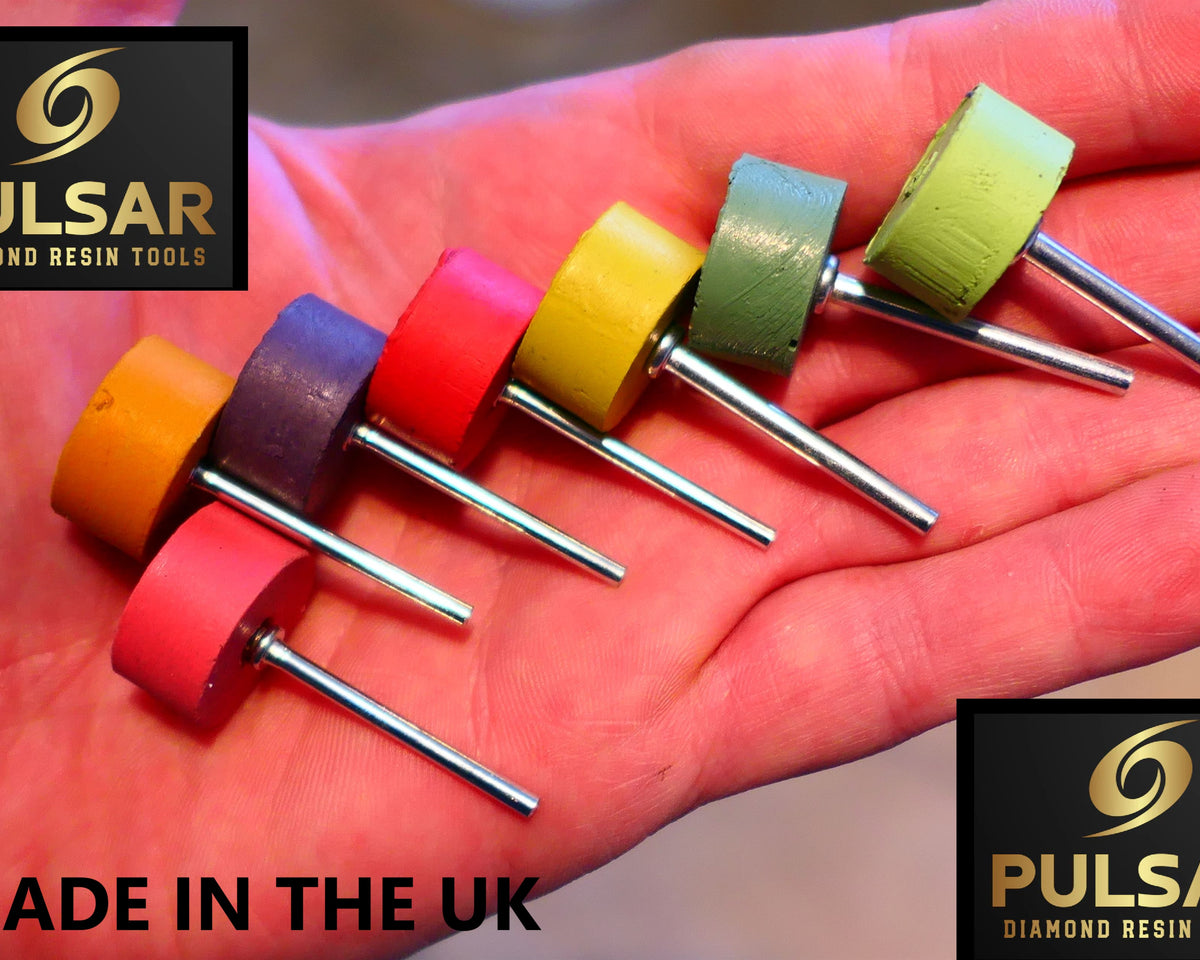 PULSAR DIAMOND® Mk2 Little Ripper™ Hub Drive Diamond Resin Wheels 7 Piece Sets 200Grit to 10,000 Grit IN STOCK READY TO SHIP 2.35mm or 3mm mandrels 20x10mm Soft-Touch Resin Lapidary Burr For Rotary Tools carving