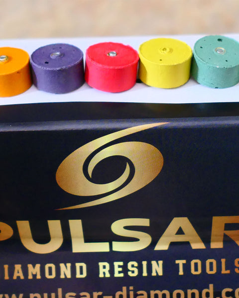 PULSAR DIAMOND® Mk2 Little Ripper™ Hub Drive Diamond Resin Wheels 7 Piece Sets 200Grit to 10,000 Grit IN STOCK READY TO SHIP 2.35mm or 3mm mandrels 20x10mm Soft-Touch Resin Lapidary Burr For Rotary Tools carving