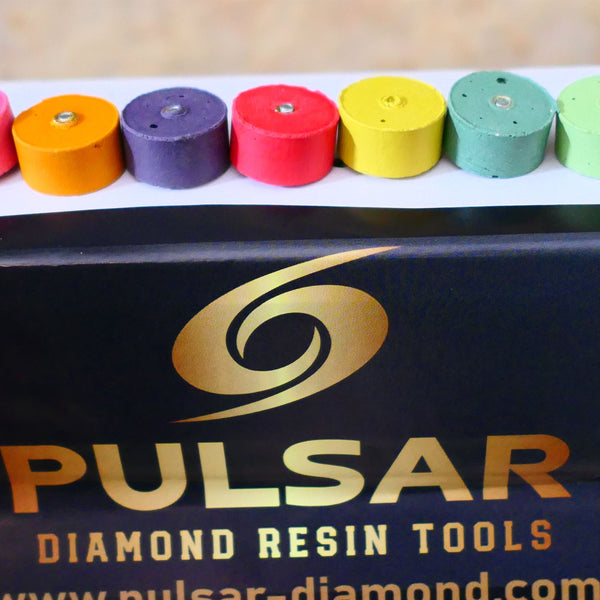 PULSAR DIAMOND® Mk2 Little Ripper™ Hub Drive Diamond Resin Wheels 7 Piece Sets 200Grit to 10,000 Grit IN STOCK READY TO SHIP 2.35mm or 3mm mandrels 20x10mm Soft-Touch Resin Lapidary Burr For Rotary Tools carving