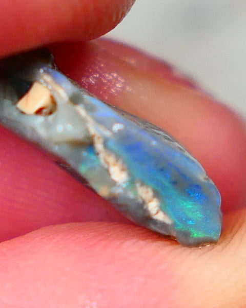 Lightning Ridge Rough Dark base knobby opal 4.50cts showing Greens & Blues in exposed side of bar with blue showing through the skin gamble to cut 16x10x5mm Auction90