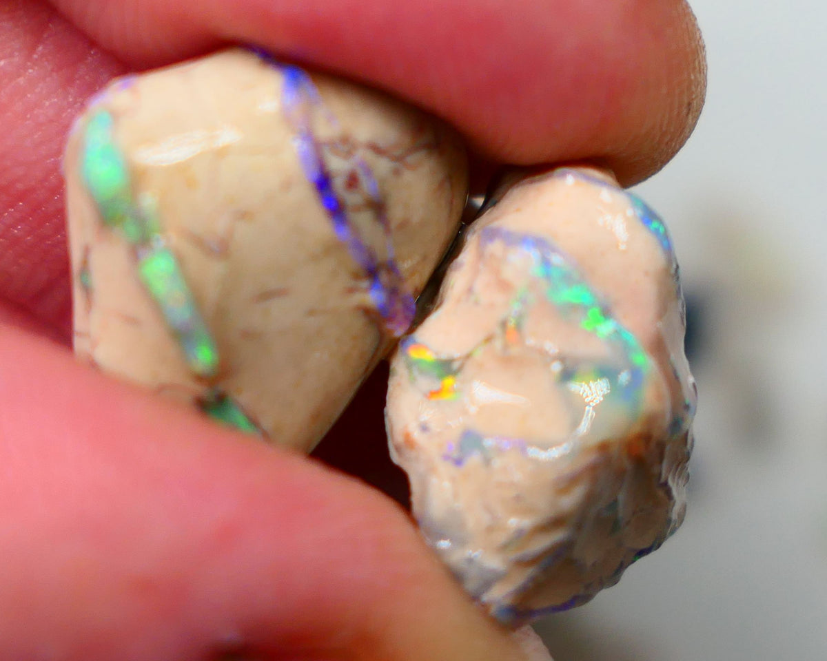 Lightning Ridge Rough Bling Exotic Knobby opal formation rough pair 29.00cts Very Bright Stunning Multicolours showing in the various bars/veins 18x14x13mm & 17x17x8mm Auction141