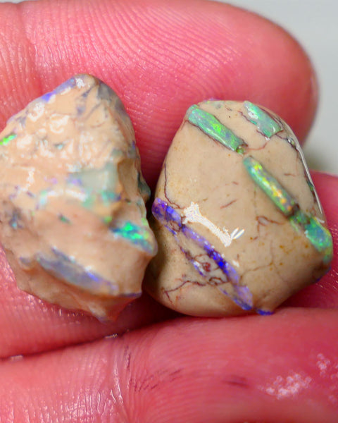 Lightning Ridge Rough Bling Exotic Knobby opal formation rough pair 29.00cts Very Bright Stunning Multicolours showing in the various bars/veins 18x14x13mm & 17x17x8mm Auction141