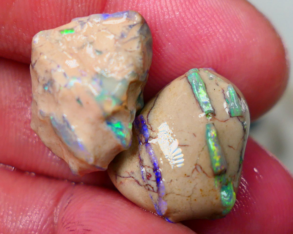 Lightning Ridge Rough Bling Exotic Knobby opal formation rough pair 29.00cts Very Bright Stunning Multicolours showing in the various bars/veins 18x14x13mm & 17x17x8mm Auction141