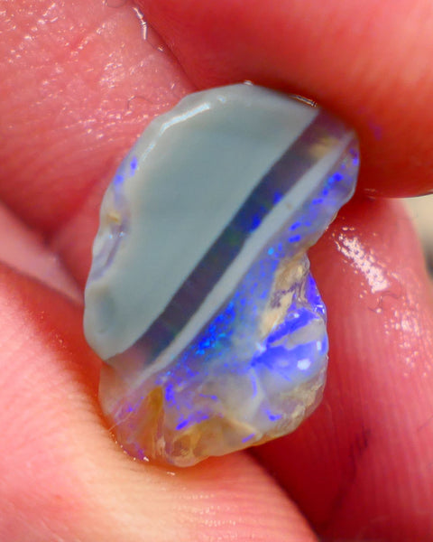 Lightning Ridge Rough Opal 6.00cts Crystal opal carrying fire sat on a bar with blues sat on dark base mother nature hey? Sold as gamble 17x10x7mm Auciton168