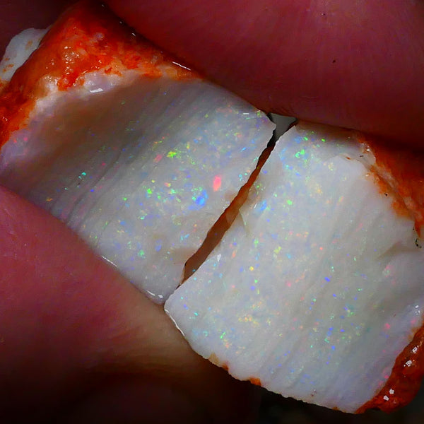 Reds & Multifires Coober Pedy Light base Crystal Seam Split pair 51.00cts Big Thick Phat bars full of colours to cut 20x18x14mm & 16x16x10mm NSW114