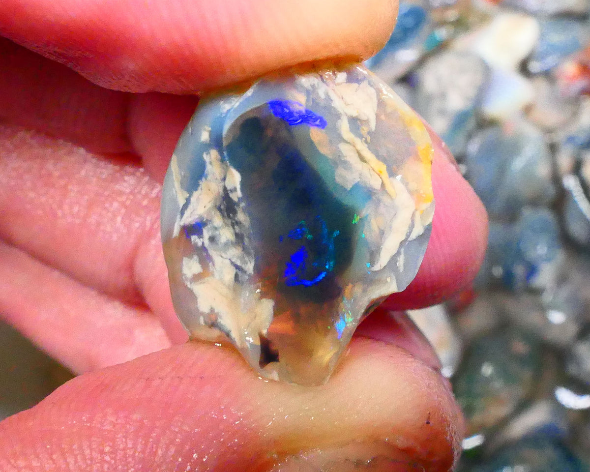 Lightning Ridge Dark Crystal base Knobby split 25.50cts Sun Flashes & Patterns of Green/Yellow/Orange/Blue dominant M.fires 24x19x12mm & 22x13x12mm NSW105