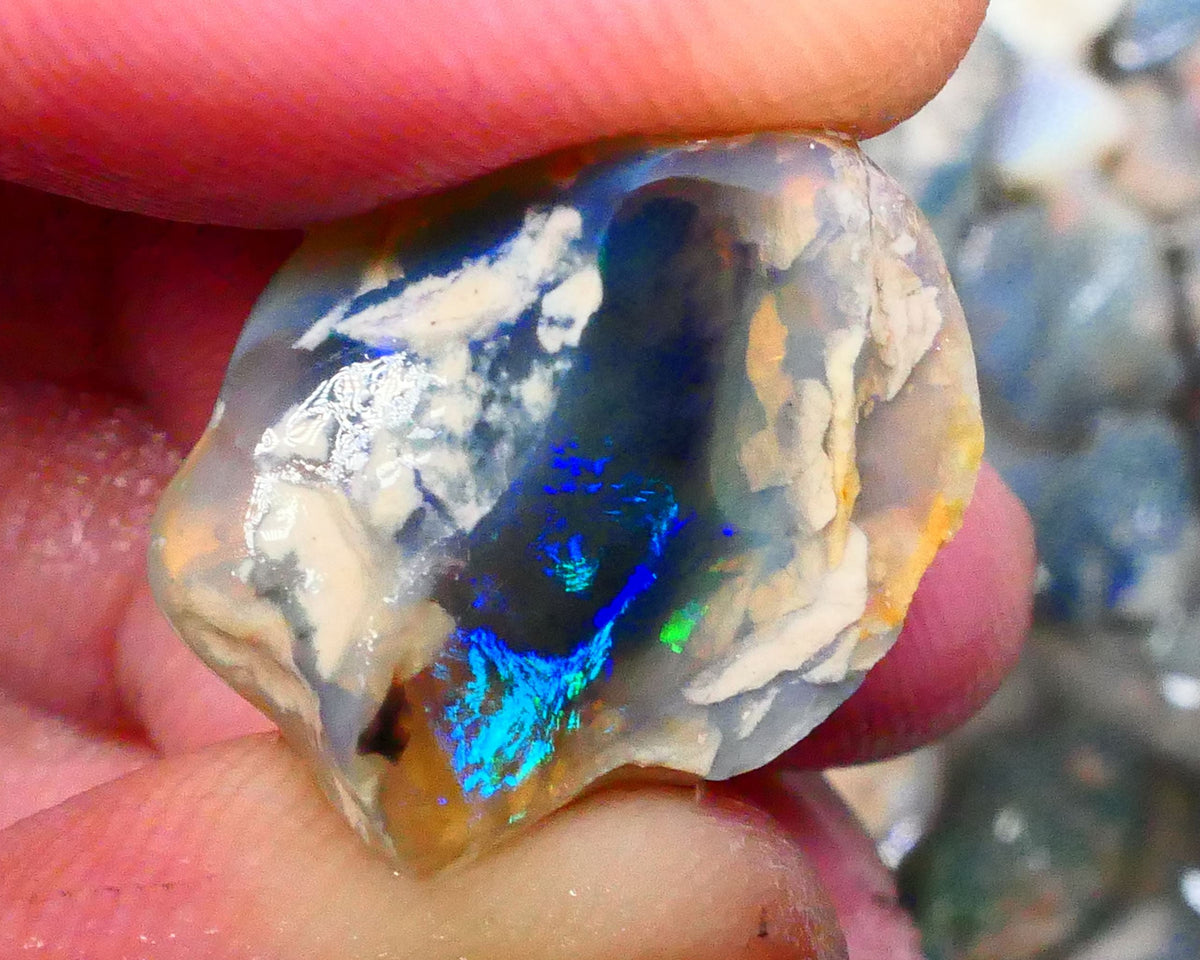 Lightning Ridge Dark Crystal base Knobby split 25.50cts Sun Flashes & Patterns of Green/Yellow/Orange/Blue dominant M.fires 24x19x12mm & 22x13x12mm NSW105