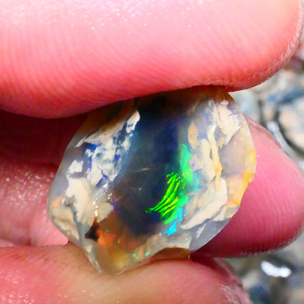 Lightning Ridge Dark Crystal base Knobby split 25.50cts Sun Flashes & Patterns of Green/Yellow/Orange/Blue dominant M.fires 24x19x12mm & 22x13x12mm NSW105