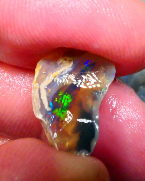 Lightning Ridge Dark Crystal base Knobby split 25.50cts Sun Flashes & Patterns of Green/Yellow/Orange/Blue dominant M.fires 24x19x12mm & 22x13x12mm NSW105