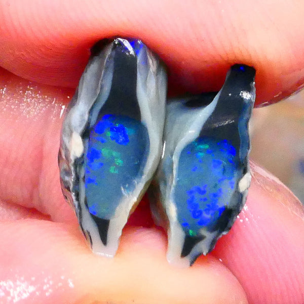 Lightning Ridge Dark Crystal base (semi Black) Knobby split 10.75cts Nice Green & Blue fires in crystal center showing confetti pattern 16x11x7mm & 15x10x6mm NSW107