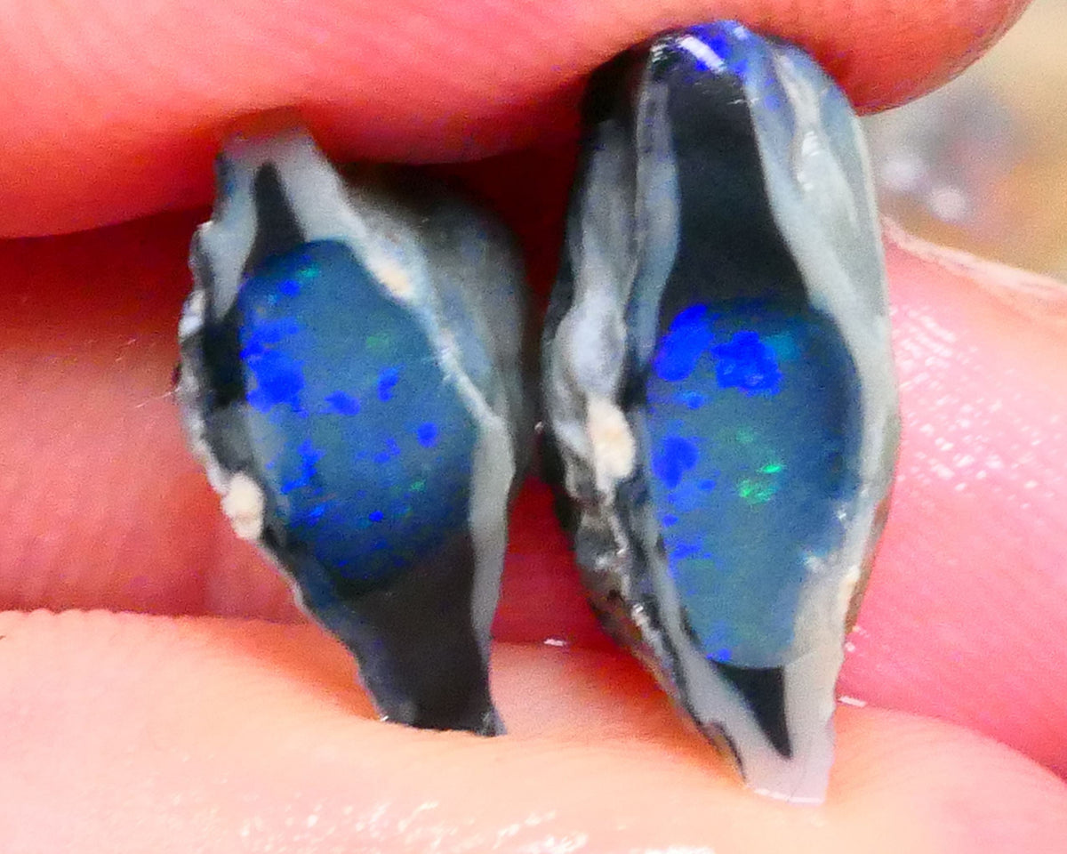 Lightning Ridge Dark Crystal base (semi Black) Knobby split 10.75cts Nice Green & Blue fires in crystal center showing confetti pattern 16x11x7mm & 15x10x6mm NSW107