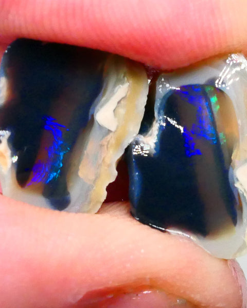 Lightning Ridge Black Crystal Knobby opal Split pair 27.50cts Bright Electric Blue/Green/Teal fires In 2 bars on thick one thin 17x14x12mm & 18x11x8mm NSW109