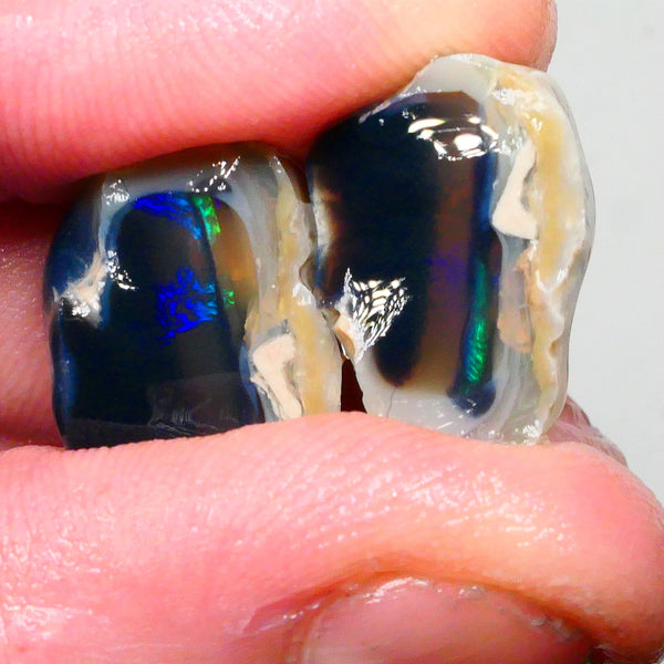 Lightning Ridge Black Crystal Knobby opal Split pair 27.50cts Bright Electric Blue/Green/Teal fires In 2 bars on thick one thin 17x14x12mm & 18x11x8mm NSW109