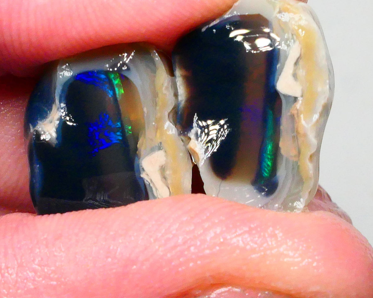 Lightning Ridge Black Crystal Knobby opal Split pair 27.50cts Bright Electric Blue/Green/Teal fires In 2 bars on thick one thin 17x14x12mm & 18x11x8mm NSW109