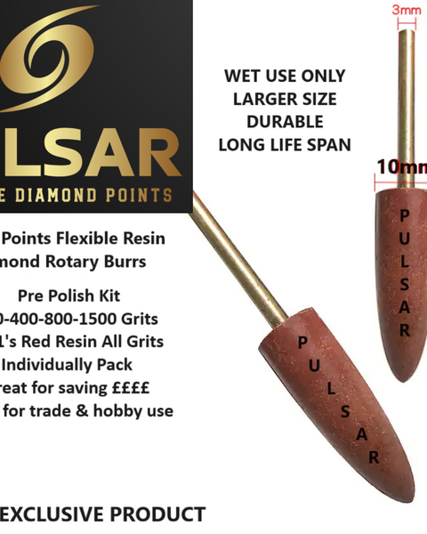 PULSAR™ DIAMOND RESIN POINTS LAPIDARY BURRS FOR DREMEL & ROTARY TOOLS 3MM SHAFT PRE POLISH SET 200-400-800-1500 GRITS nova