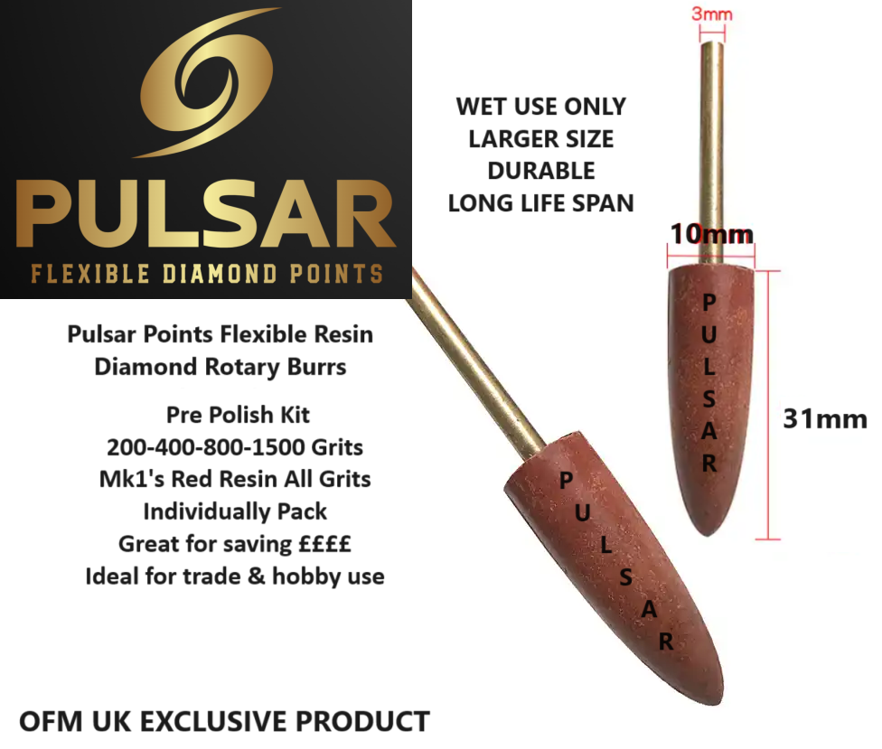 PULSAR™ DIAMOND RESIN POINTS LAPIDARY BURRS FOR DREMEL & ROTARY TOOLS 3MM SHAFT PRE POLISH SET 200-400-800-1500 GRITS nova