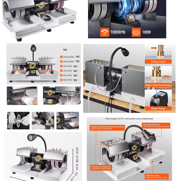 PULSAR DIAMOND™ "Slick 6 Pro PLUS" Cabbing Machine 6 wheels x 6"/150mm 2 x Sintered Diamond wheels & 4x REZ Pro Diamond Resin wheels plus Sintered Diamond saw & table , Flat lap & More . Lapidary Cab Cabber Grinding Polishing