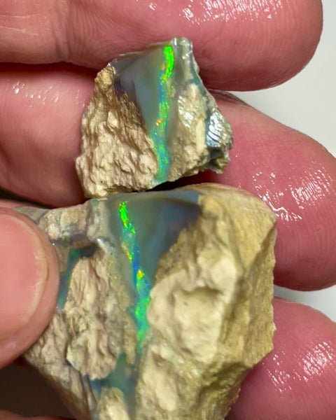 Bling Huge Grawin Dark base Multicolour Seam opal formation split pair 120.00cts Exotic Bright Vibrant Green dominant M.fires Sand/clay host rock Own a piece of Grawin 35x30x17 & 25x17x9 mm NSW040