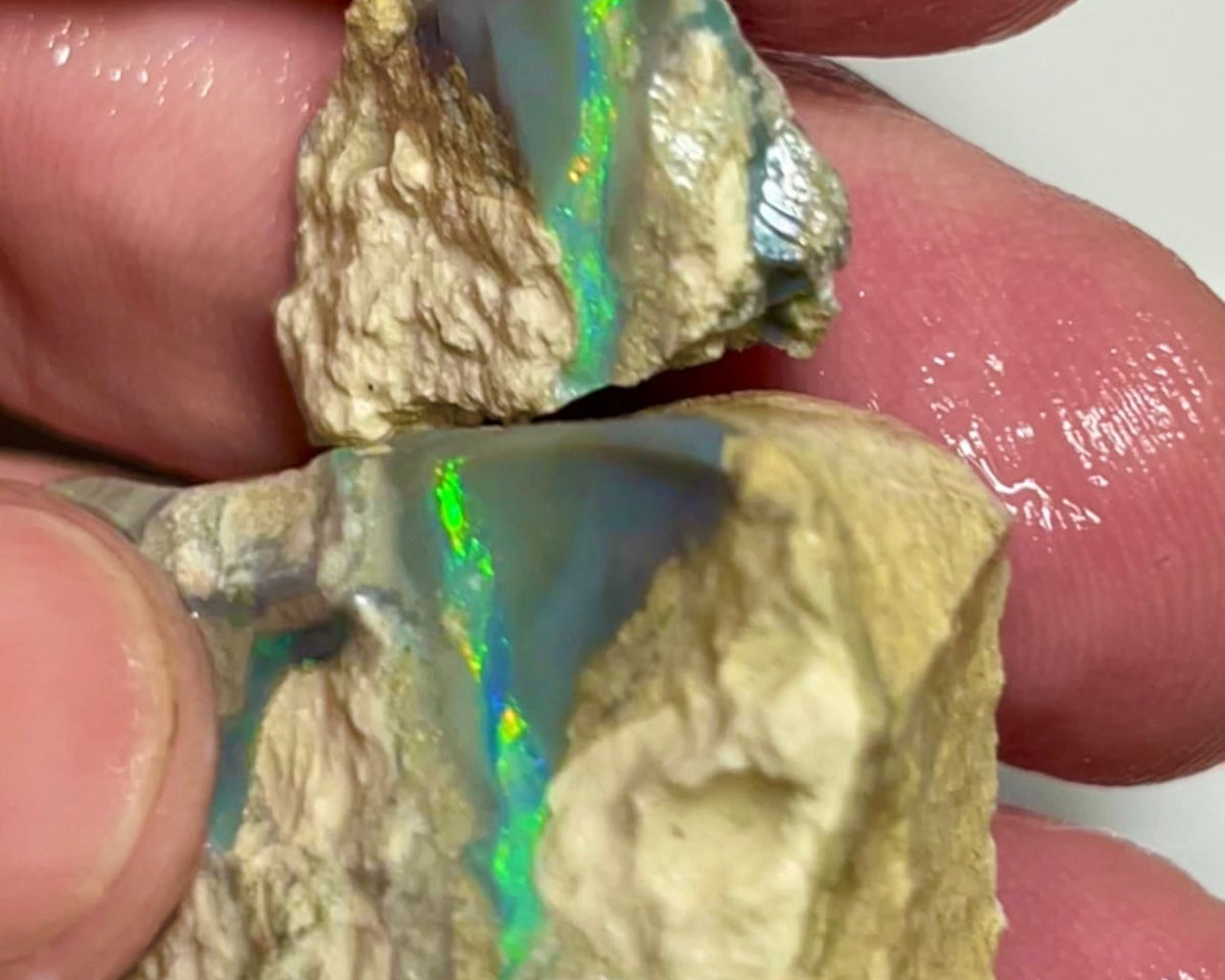 Bling Huge Grawin Dark base Multicolour Seam opal formation split pair 120.00cts Exotic Bright Vibrant Green dominant M.fires Sand/clay host rock Own a piece of Grawin 35x30x17 & 25x17x9 mm NSW040