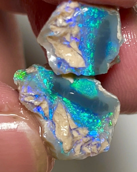 Lightning Ridge Dark Crystal base knobby opal rough Split 16.75cts Gorgeous Exotic Bright Greens & Blues to cut 17x14x10 & 11x8x5mm NSW093