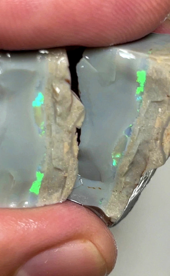 Lightning Ridge Rough Opal 71cts Stunning Dark Base Thick Seam Split showing nice Green dominant Multifires bars 27x22x10mm & 20x17x11mm WAD10