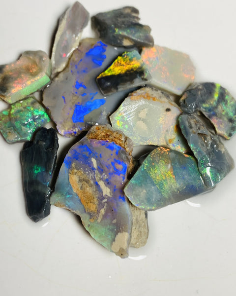 Lightning Ridge Opal Rub n rough Parcel Black & Semi Black  parcel from the Miners Bench® 64cts Stunning Bright Multifires to faces 27x22x3mm to 10x8x4mm WST85