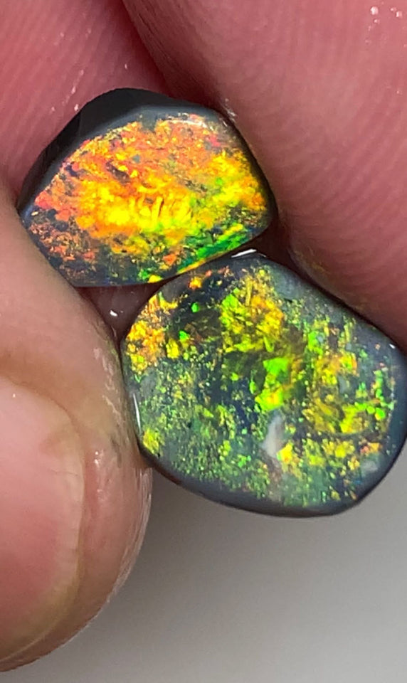 Lightning Ridge Rough / Rub Black opal Pair Miners Bench®  2.2cts Exotic Super Bright Vibrant & Vivid Multifires  11x8x1mm & 9x6x1mm WSU52