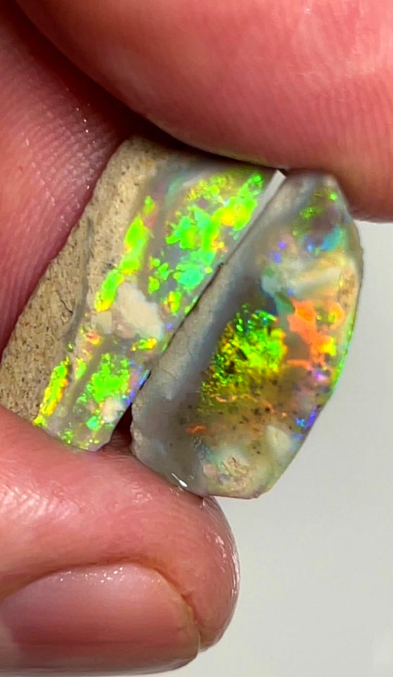 Australian Opal Rubs rough Pair 8cts Yellow/Orange dominant Bright Vivid Multifires to faces 21x9x4 & 22x8x2 mm WAE36