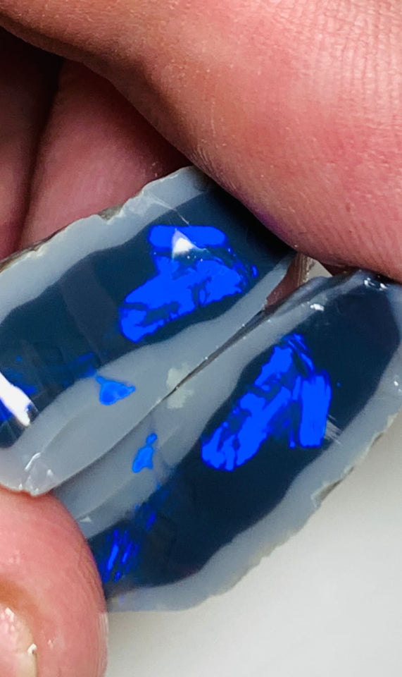 Lightning Ridge Rough Opal N2 Black Knobby Split pair 35cts High Grade Stunning Royal Blue fires in bars 25x16x10mm & 22x10x9mm WSS88