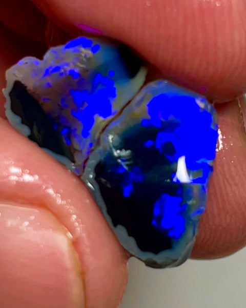 Lightning Ridge Rough Opal 7.75cts Gorgeous  Black Knobby Split Stunning bars with lots of Bright blues 15x9x7 & 12x9x4 mm WAE42