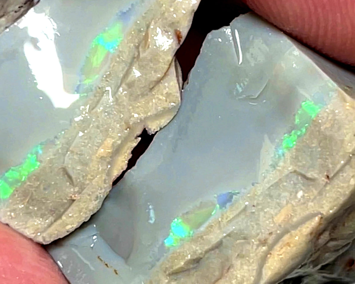 Lightning Ridge Rough Opal 71cts Stunning Dark Base Thick Seam Split showing nice Green dominant Multifires bars 27x22x10mm & 20x17x11mm WAD10