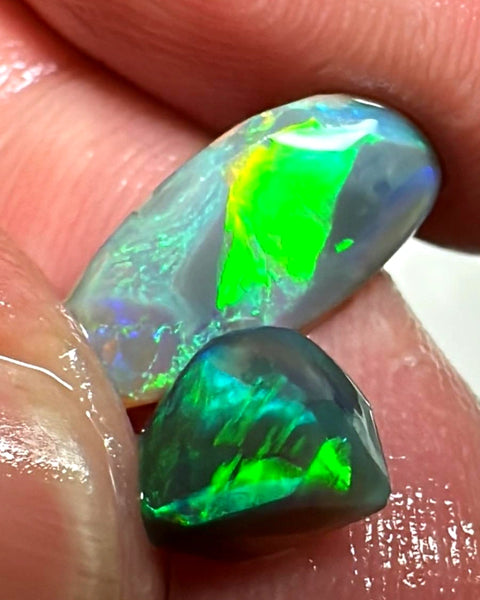 Lightning Ridge Rough / Rub Dark opal Pair Miners Bench®  3.1cts Exotic Super Bright Vibrant & Vivid Multifires  13x6x2mm & 8x6x3mm WAB55