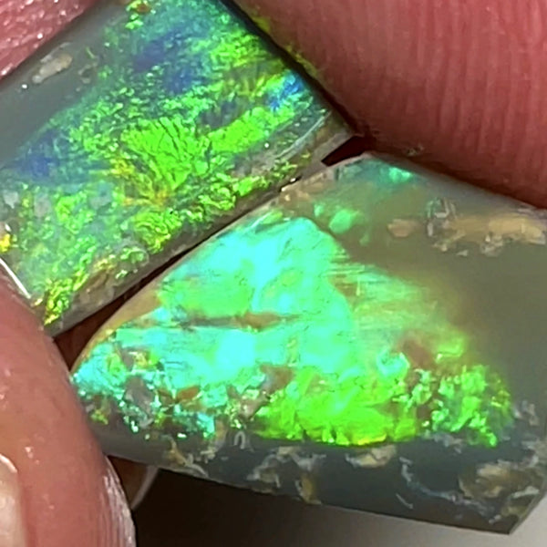 Australian Opal Rubs rough Pair 3.25cts Green dominant Bright Vivid Multifires to faces 12x9xx1 & 12x7x2MMs WAE67