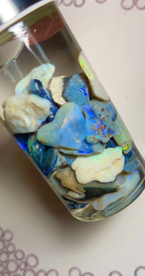 Lightning Ridge Rough Seam Opal Parcel 315cts Nice Sized Dark Seams with lots Potential & some Cutters Lots Bright colours mostly Blues 27x18x5mm to 13x12x4mm NSW006