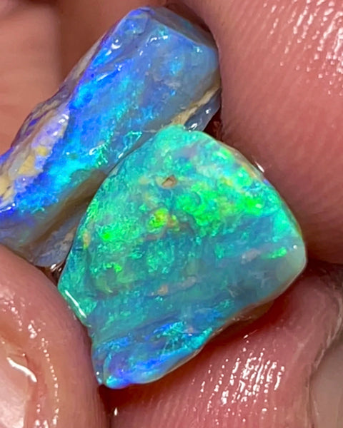 Lightning Ridge 11cts Bright pair of gorgeous Dark base Crystal Opal rough to cut/carve Bright Multicolours 18x10x6mm & 15x10x4mm 1334