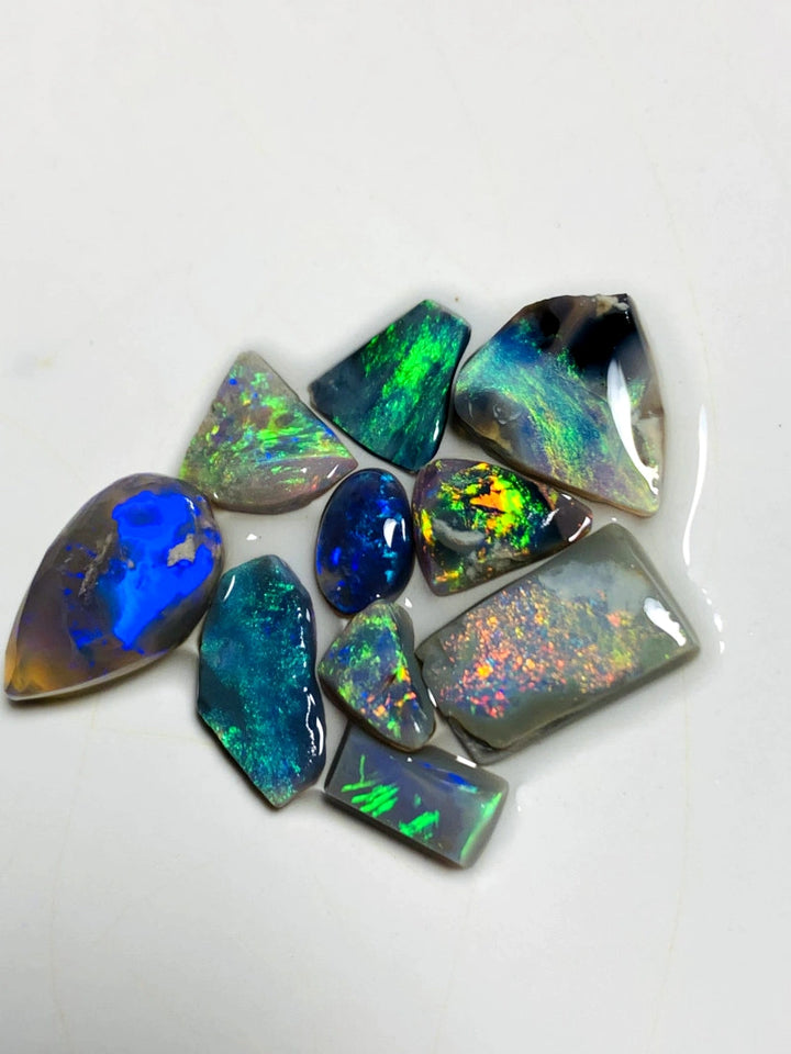 OPAL MONTH SPECIAL Lightning Ridge Opal Rough Rub Preform Parcel Black Dark & Crystal Miners Bench® 15.75cts Stunning Bright Multifires & patterns to faces 15x8x6mm to 6x3x2mm WAA15