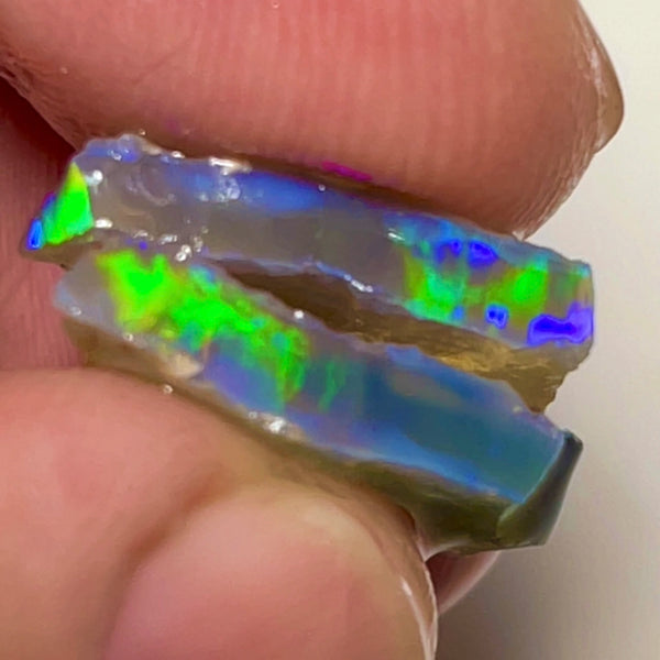 Lightning Ridge Rough Dark Crystal Seam Pair 8.75cts Bright gorgeous Multifires bar  17x12x2.5 & 16x8x2mm NEW24