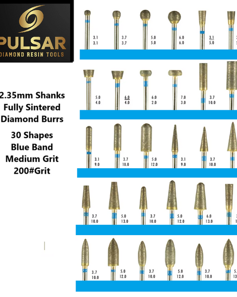 PULSAR DIAMOND® Full Set of 30 shapes 200#Grit Medium Blue Band Fully Sintered Diamond Burr 2.35mm Shank for grinding Opal & Gemstones, Glass, Stone, Metal Polishing Fits Dremel Foredom & Pulsar tools