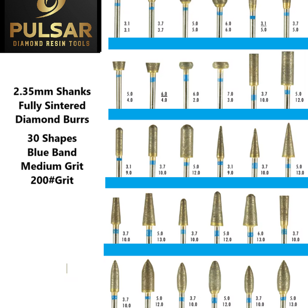 PULSAR DIAMOND® Full Set of 30 shapes 200#Grit Medium Blue Band Fully Sintered Diamond Burr 2.35mm Shank for grinding Opal & Gemstones, Glass, Stone, Metal Polishing Fits Dremel Foredom & Pulsar tools